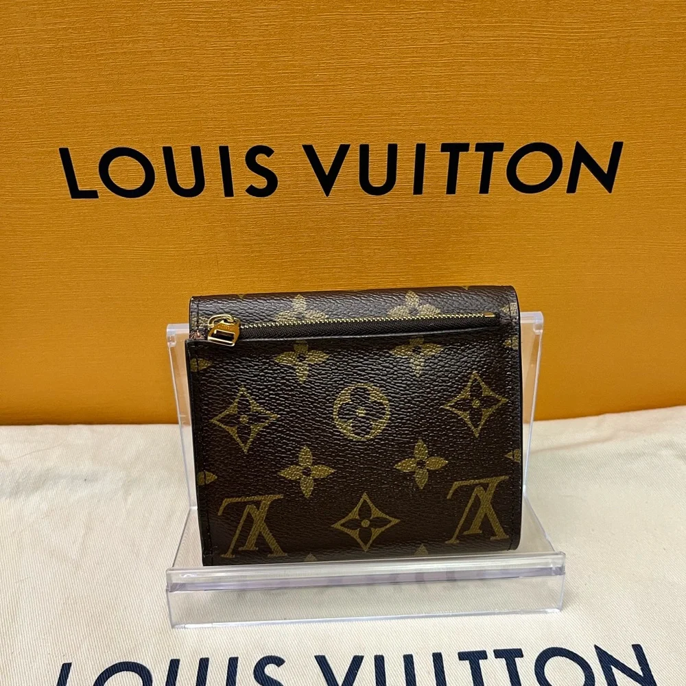 Authentic Louis Vuitton Brown Monogram Canvas Compact Wallet with Gold Button